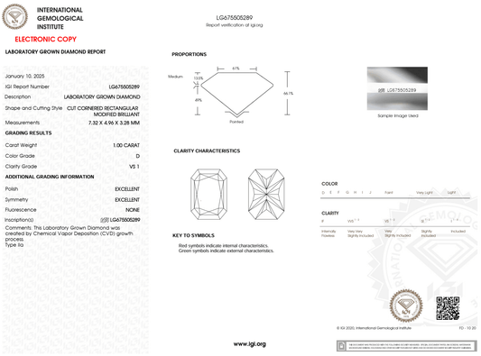 1.00 Carat D-VS1 Radiant Lab Grown Diamond - IGI (#123148) - IGI Grading Certificate