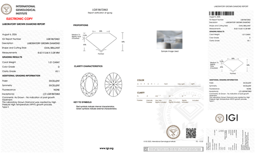 1.01 Carat D-VS1 Oval Lab Grown Diamond - IGI (#128180) - IGI Grading Certificate