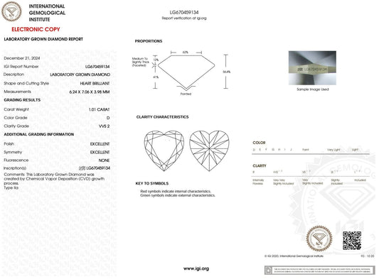 1.01 Carat D-VVS2 Heart Lab Grown Diamond - IGI (#53269) - IGI Grading Certificate