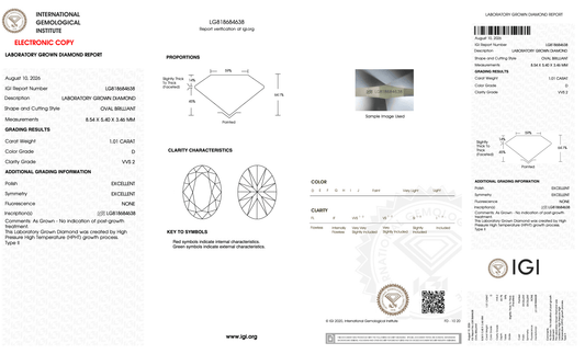 1.01 Carat D-VVS2 Oval Lab Grown Diamond - IGI (#128181) - IGI Grading Certificate