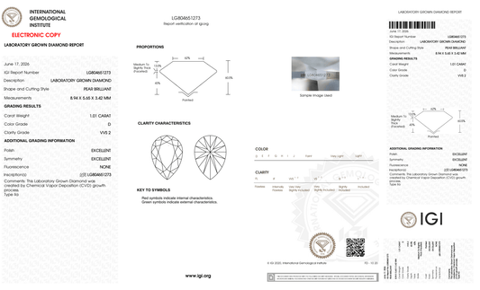 1.01 Carat D-VVS2 Pear Lab Grown Diamond - IGI (#127372) - IGI Grading Certificate