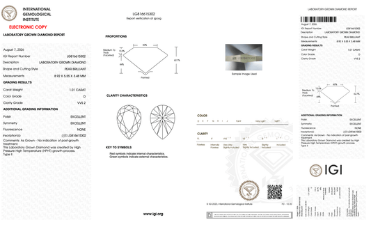 1.01 Carat D-VVS2 Pear Lab Grown Diamond - IGI (#128076) - IGI Grading Certificate
