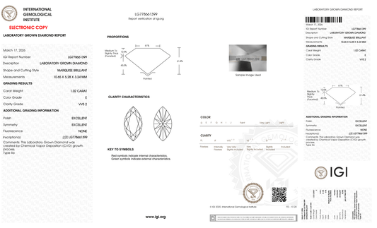 1.02 Carat E-VVS2 Marquise Lab Grown Diamond - IGI (#126969) - IGI Grading Certificate
