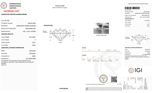 1.02 Carat F-VVS2 Round Lab Grown Diamond - IGI (#128058) - IGI Grading Certificate