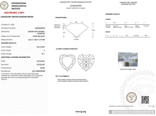 1.04 Carat E-VS1 Heart Lab Grown Diamond - IGI (#4522) - IGI Grading Certificate
