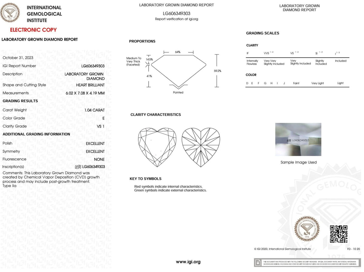 1.04 Carat E-VS1 Heart Lab Grown Diamond - IGI (#4522) - IGI Grading Certificate