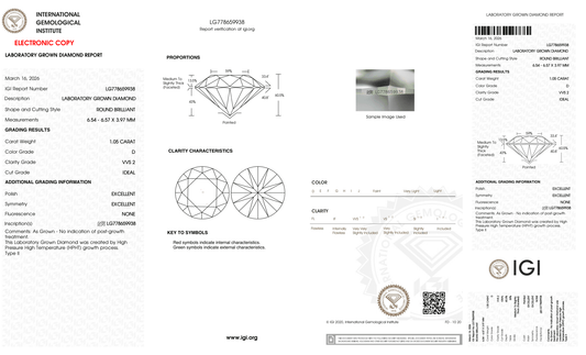 1.05 Carat D-VVS2 Round Lab Grown Diamond - IGI (#127414) - IGI Grading Certificate