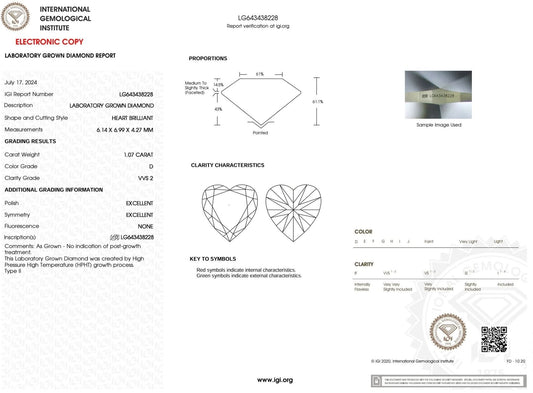 1.07 Carat D-VVS2 Heart Lab Grown Diamond - IGI (#53270) - IGI Grading Certificate