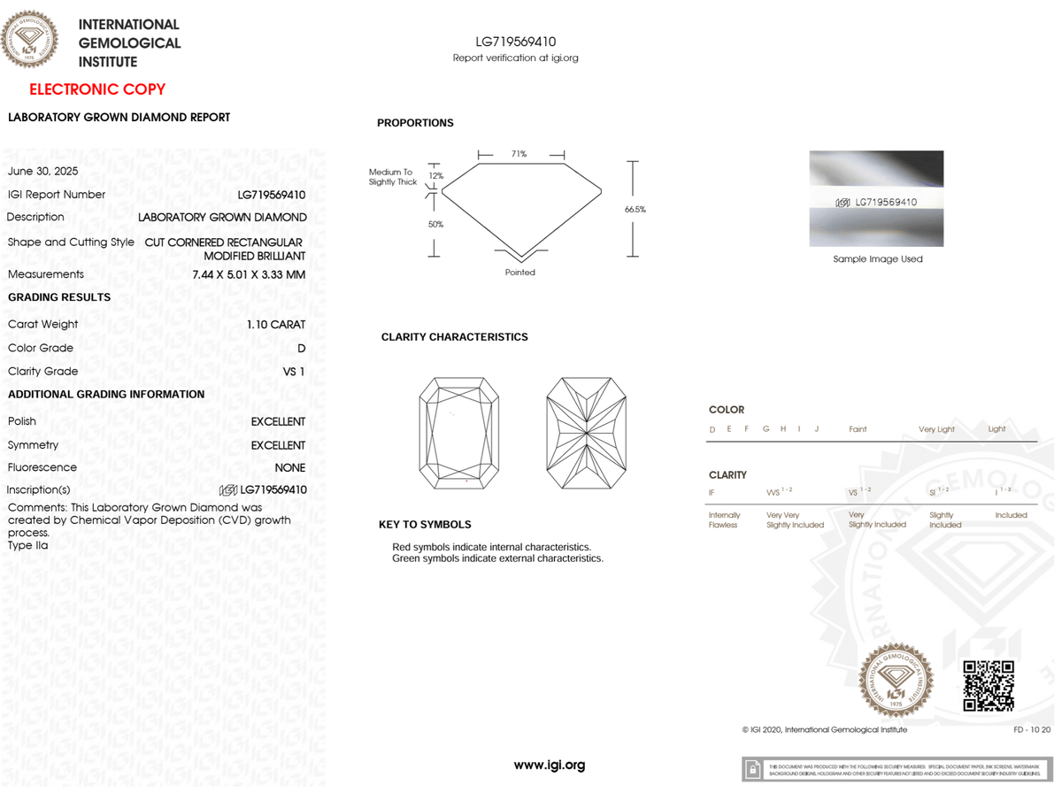 1.10 Carat D-VS1 Radiant Lab Grown Diamond - IGI (#125343) - IGI Grading Certificate