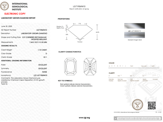 1.10 Carat D-VS1 Radiant Lab Grown Diamond - IGI (#125343) - IGI Grading Certificate