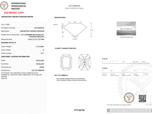 1.10 Carat D-VS1 Radiant Lab Grown Diamond - IGI (#125344) - IGI Grading Certificate