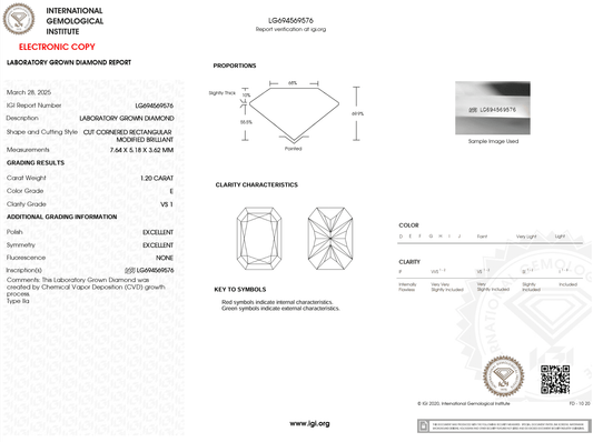 1.20 Carat E-VS1 Radiant Lab Grown Diamond - IGI (#121794) - IGI Grading Certificate