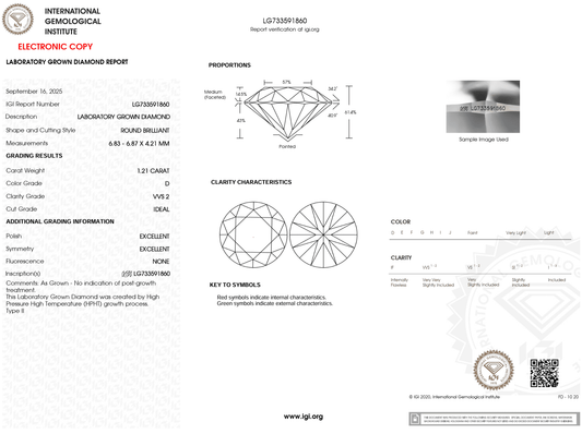 1.21 Carat D-VVS2 Round Lab Grown Diamond - IGI (#121808) - IGI Grading Certificate