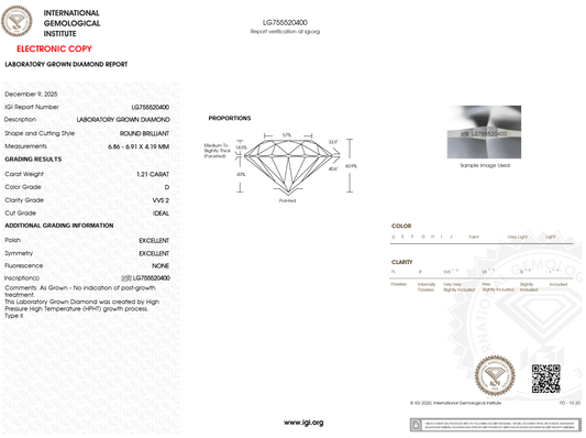 1.21 Carat D-VVS2 Round Lab Grown Diamond - IGI (#123943) - IGI Grading Certificate