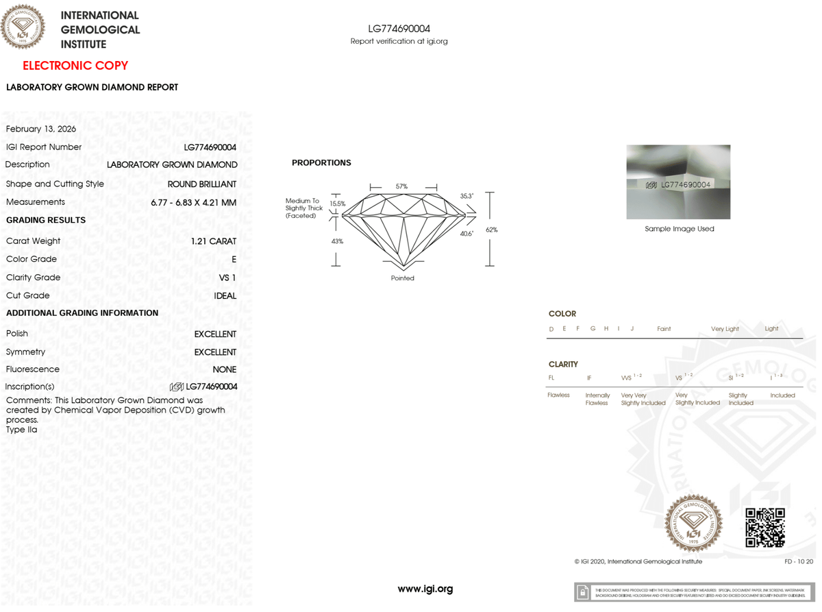 1.21 Carat E-VS1 Round Lab Grown Diamond - IGI (#125181) - IGI Grading Certificate