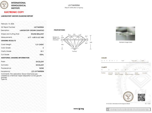1.21 Carat E-VS1 Round Lab Grown Diamond - IGI (#125181) - IGI Grading Certificate