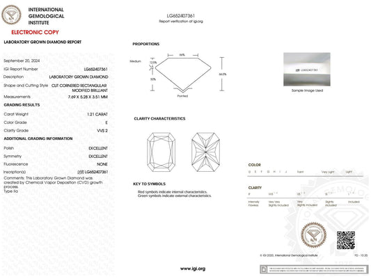1.21 Carat E-VVS2 Radiant Lab Grown Diamond - IGI (#50917) - IGI Grading Certificate