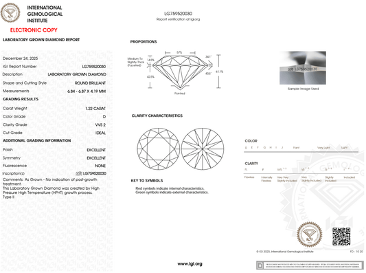 1.22 Carat D-VVS2 Round Lab Grown Diamond - IGI (#124088) - IGI Grading Certificate