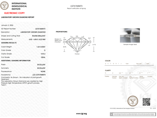 1.23 Carat D-VVS2 Round Lab Grown Diamond - IGI (#124089) - IGI Grading Certificate