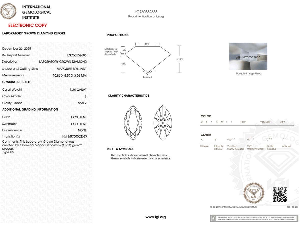 1.24 Carat E-VVS2 Marquise Lab Grown Diamond - IGI (#125154) - IGI Grading Certificate