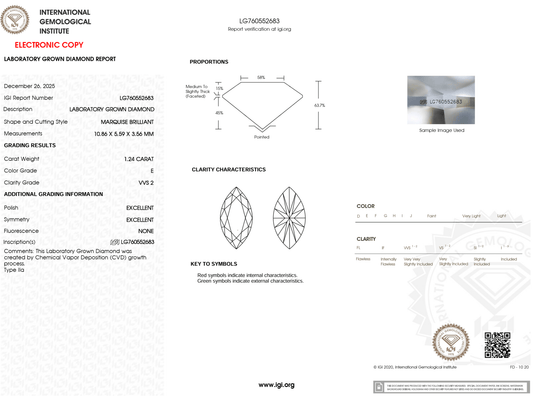 1.24 Carat E-VVS2 Marquise Lab Grown Diamond - IGI (#125154) - IGI Grading Certificate