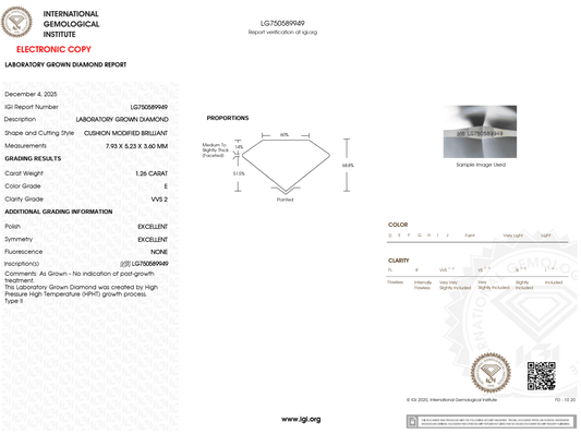 1.26 Carat E-VVS2 Elongated Cushion Lab Grown Diamond - IGI (#125403) - IGI Grading Certificate