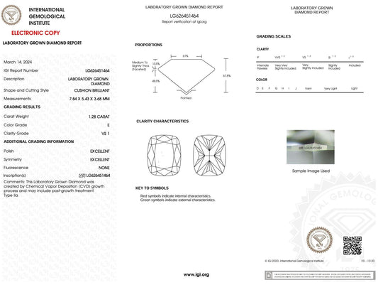 1.28 Carat E-VS1 Elongated Cushion Lab Grown Diamond - IGI (#5277) - IGI Grading Certificate