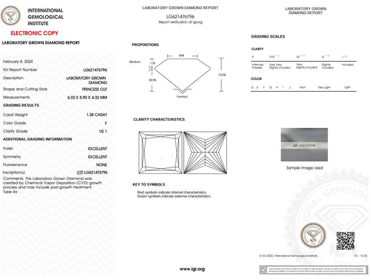 1.28 Carat F-VS1 Princess Lab Grown Diamond - IGI (#51156) - IGI Grading Certificate
