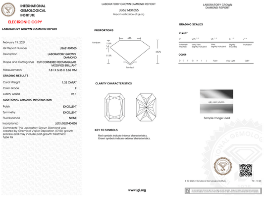 1.32 Carat F-VS1 Radiant Lab Grown Diamond - IGI (#123144) - IGI Grading Certificate