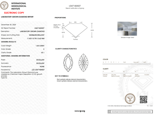 1.35 Carat E-VS1 Marquise Lab Grown Diamond - IGI (#124046) - IGI Grading Certificate