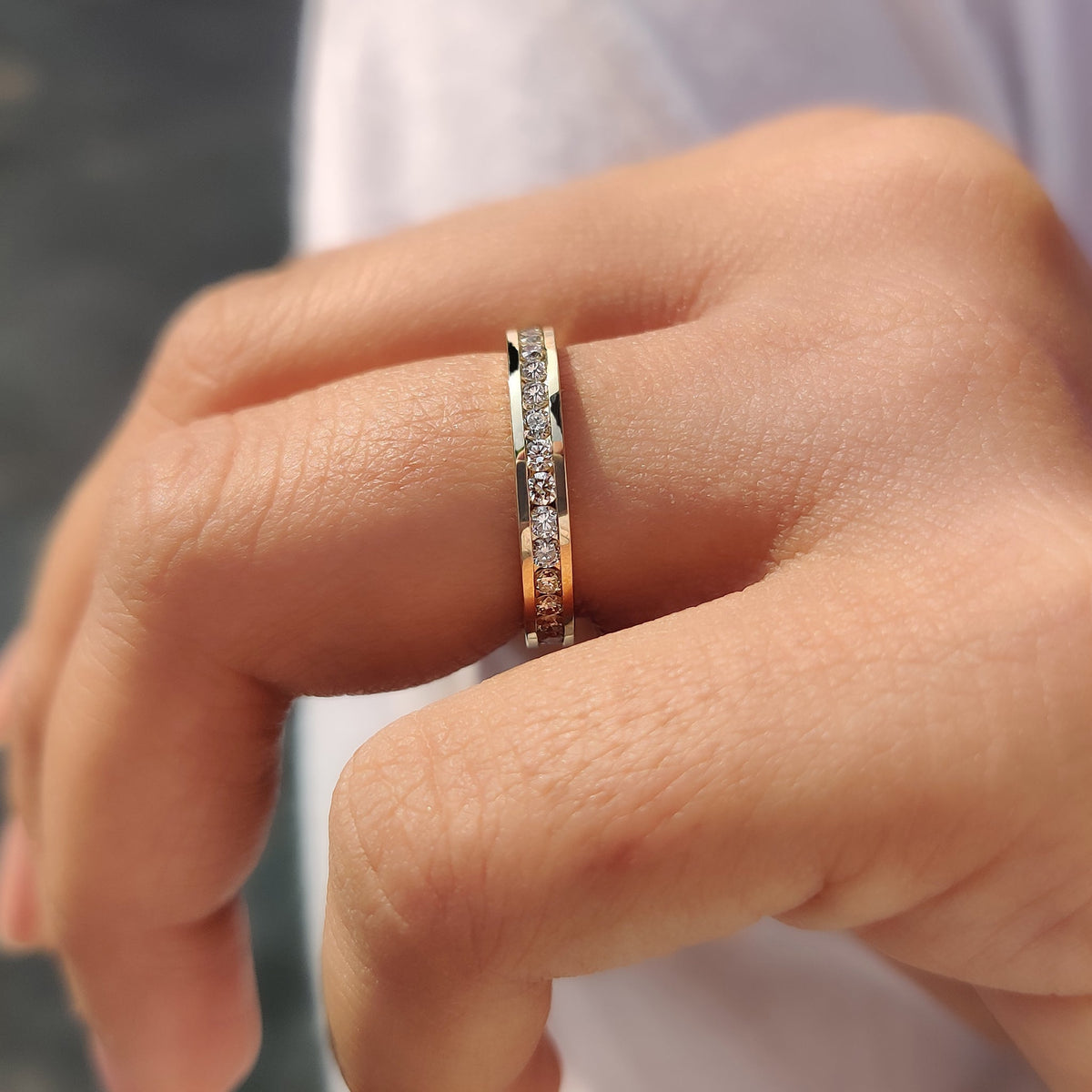 Yellow gold band with a channel set diamond band for added brilliance.