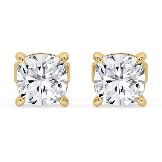 Prong setting earrings showcasing cushion cut diamond studs.
