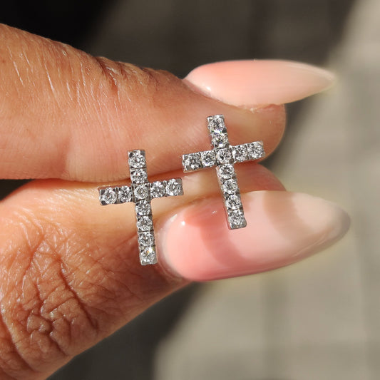 Diamond Cross Earrings in white gold with round cut diamonds.