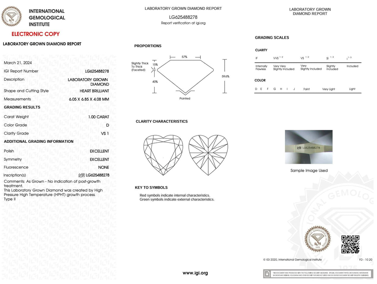 1.00 Carat D-VS1 Heart Lab Grown Diamond - IGI (#5182) - IGI Grading Certificate