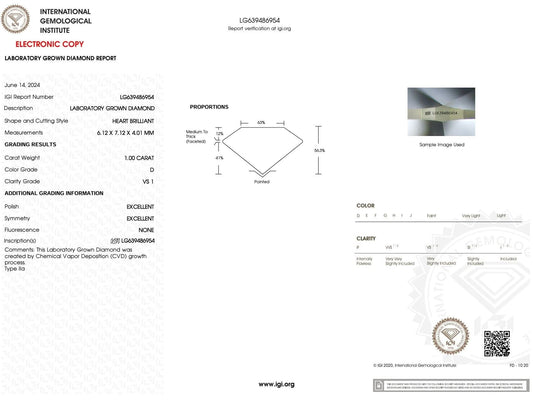1.00 Carat D-VS1 Heart Lab Grown Diamond - IGI (#5648) - IGI Grading Certificate