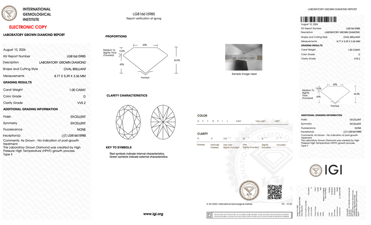 1.00 Carat D-VVS2 Oval Lab Grown Diamond - IGI (#128178) - IGI Grading Certificate