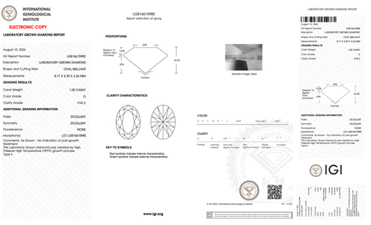 1.00 Carat D-VVS2 Oval Lab Grown Diamond - IGI (#128178) - IGI Grading Certificate