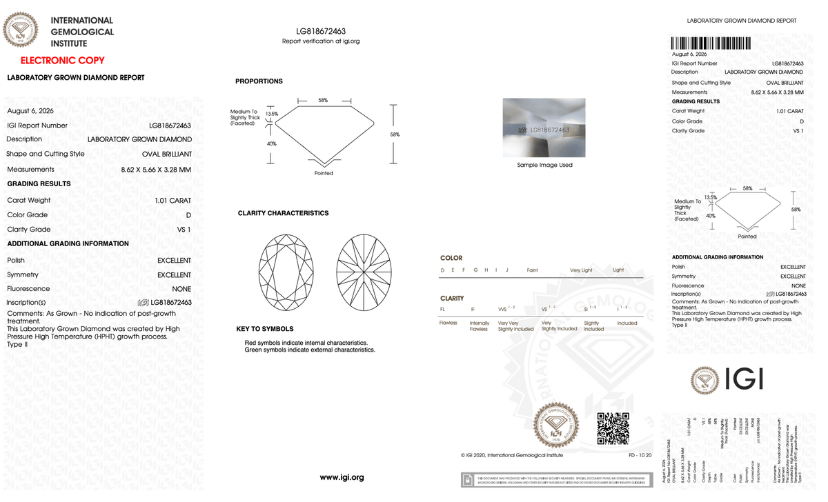 1.01 Carat D-VS1 Oval Lab Grown Diamond - IGI (#128180) - IGI Grading Certificate