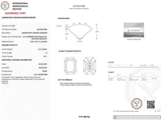 1.01 Carat D-VS1 Radiant Lab Grown Diamond - IGI (#123147) - IGI Grading Certificate