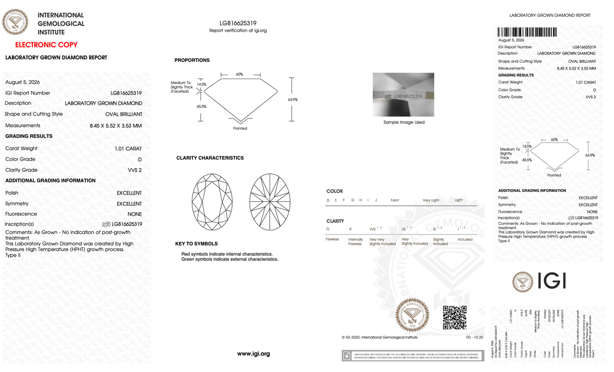 1.01 Carat D-VVS2 Oval Lab Grown Diamond - IGI (#128182) - IGI Grading Certificate