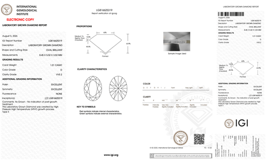 1.01 Carat D-VVS2 Oval Lab Grown Diamond - IGI (#128182) - IGI Grading Certificate