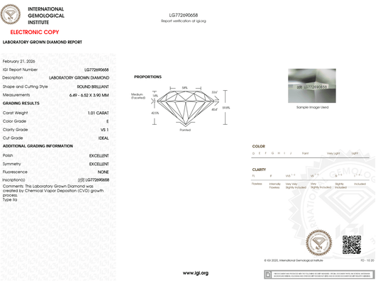 1.01 Carat E-VS1 Round Lab Grown Diamond - IGI (#125177) - IGI Grading Certificate