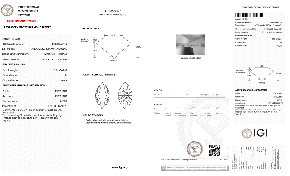 1.02 Carat D-VVS2 Marquise Lab Grown Diamond - IGI (#128691) - Diamond View