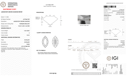 1.02 Carat E-VVS2 Marquise Lab Grown Diamond - IGI (#126969) - IGI Grading Certificate