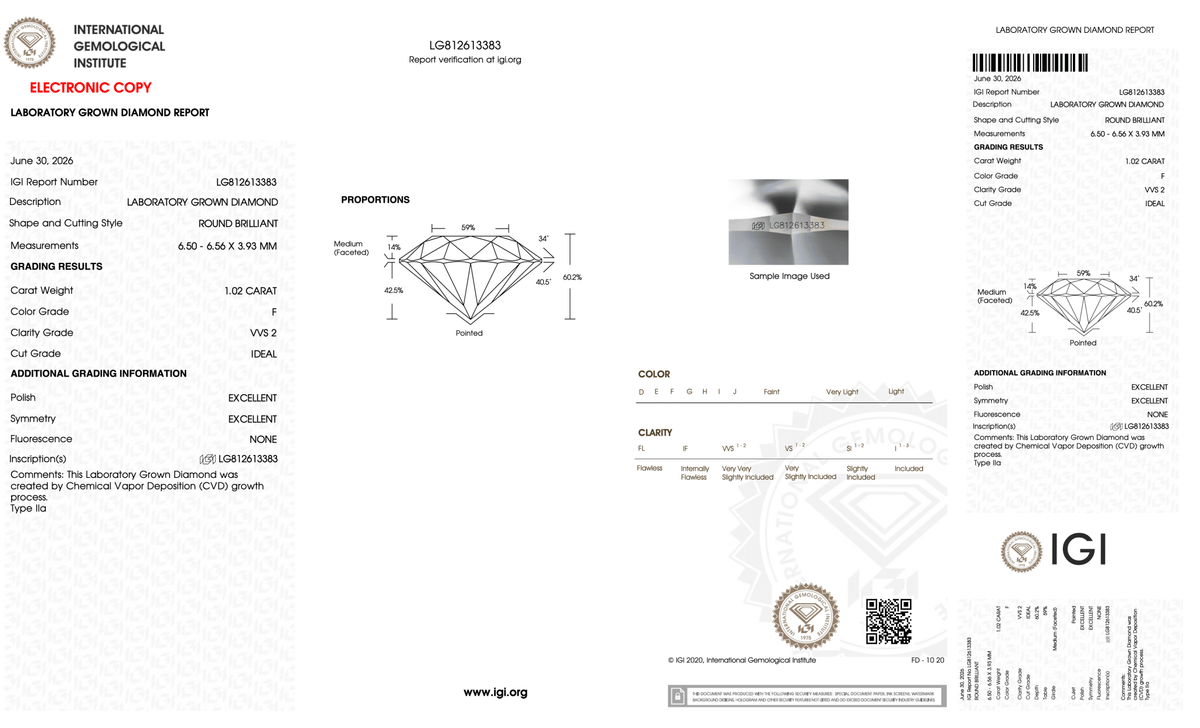 1.02 Carat F-VVS2 Round Lab Grown Diamond - IGI (#128058) - IGI Grading Certificate