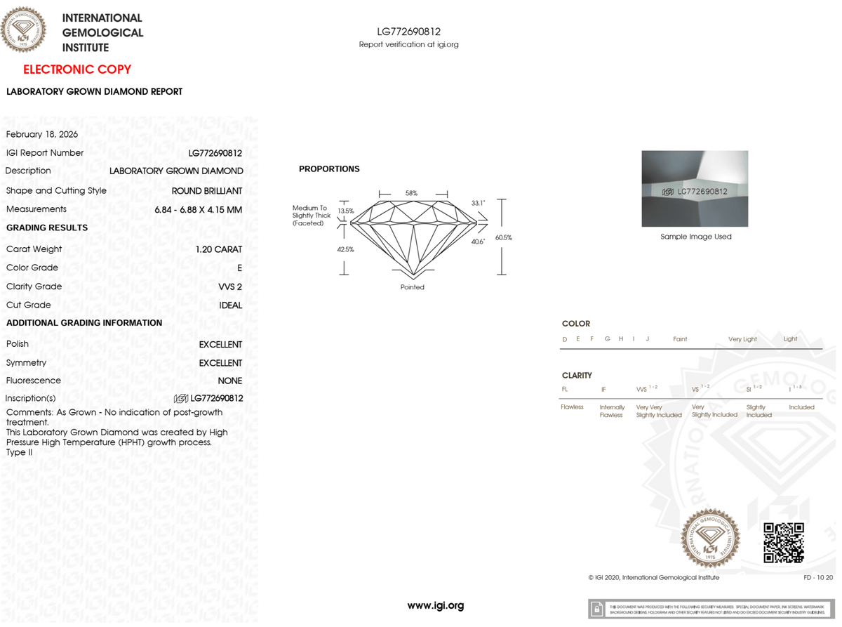 1.20 Carat E-VVS2 Round Lab Grown Diamond - IGI (#125184) - IGI Grading Certificate