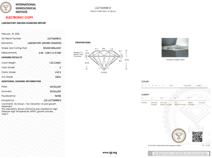 1.20 Carat E-VVS2 Round Lab Grown Diamond - IGI (#125184) - IGI Grading Certificate