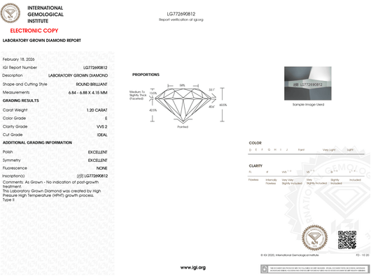 1.20 Carat E-VVS2 Round Lab Grown Diamond - IGI (#125184) - IGI Grading Certificate
