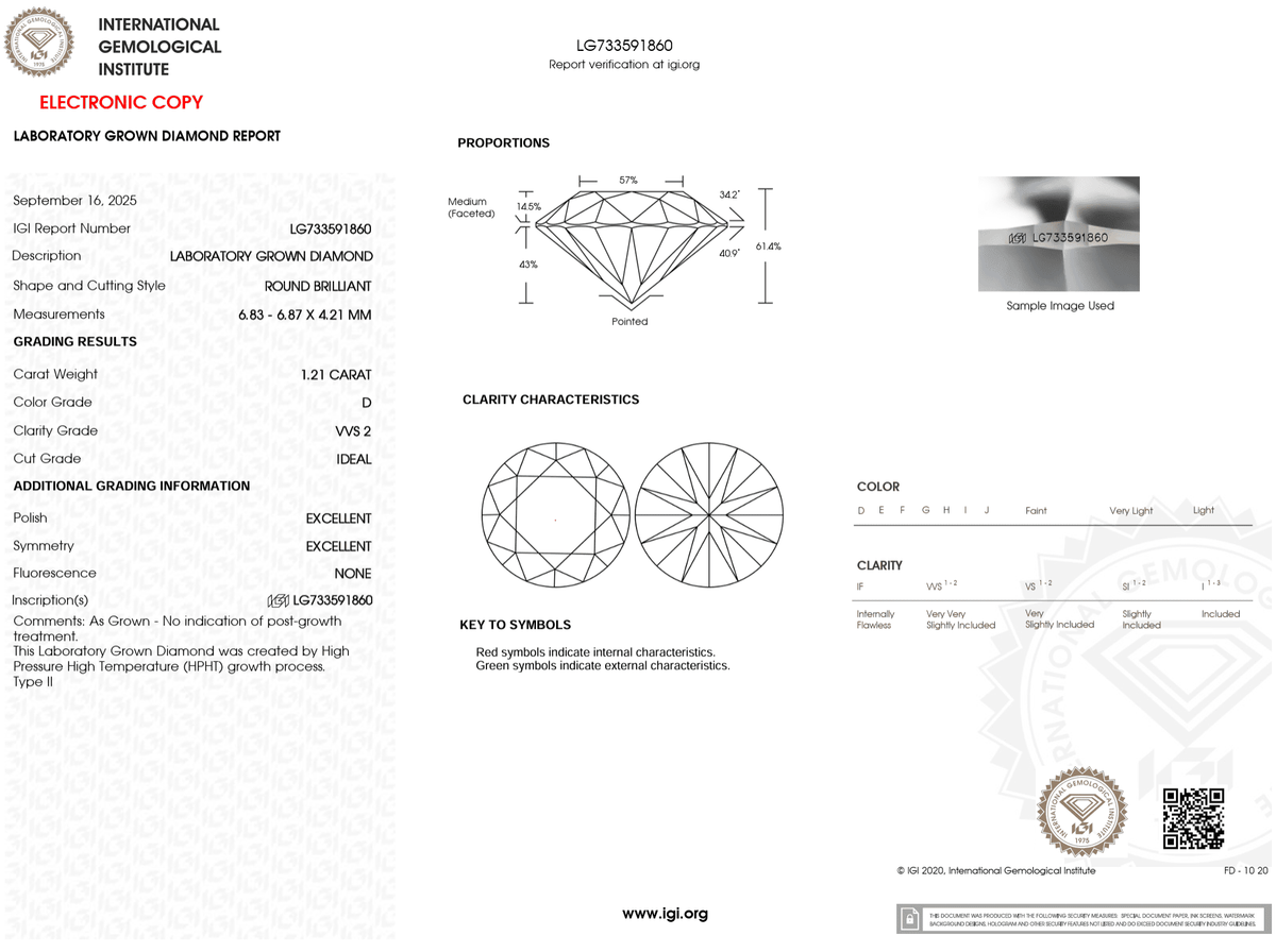 1.21 Carat D-VVS2 Round Lab Grown Diamond - IGI (#121808) - IGI Grading Certificate