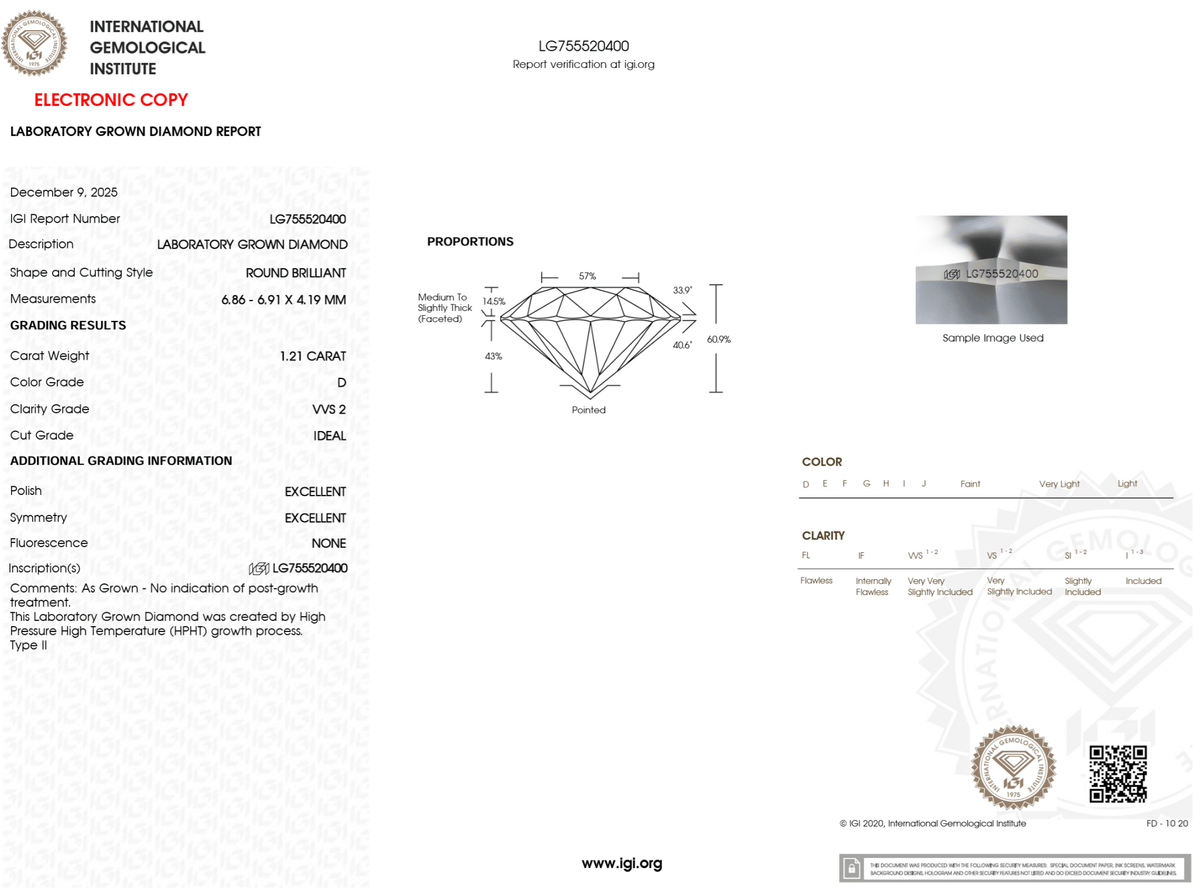 1.21 Carat D-VVS2 Round Lab Grown Diamond - IGI (#123943) - IGI Grading Certificate